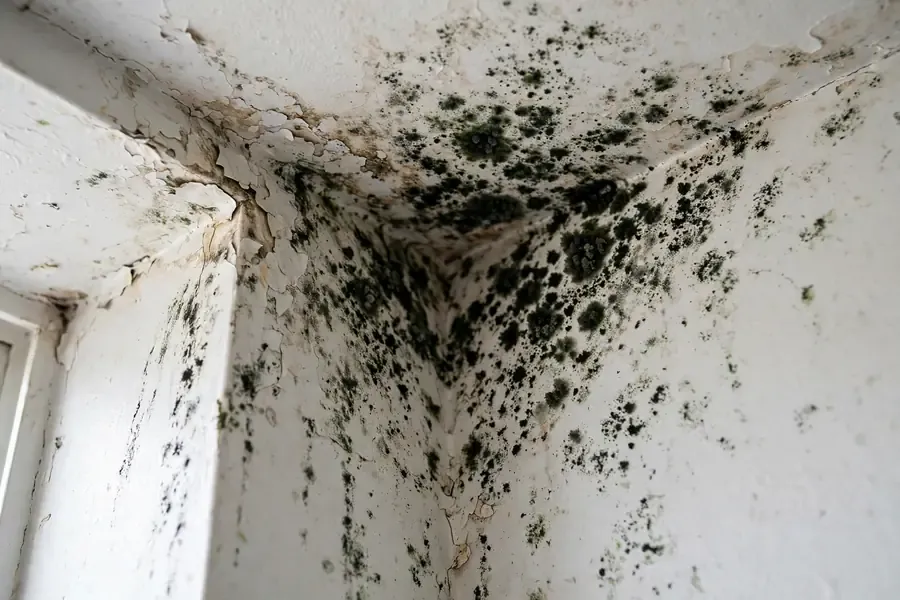 Black mold growth on a bathroom ceiling before professional removal in Perris, CA