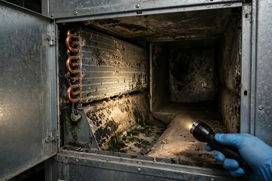 Mold contamination inside HVAC ductwork being inspected in a Perris, CA home