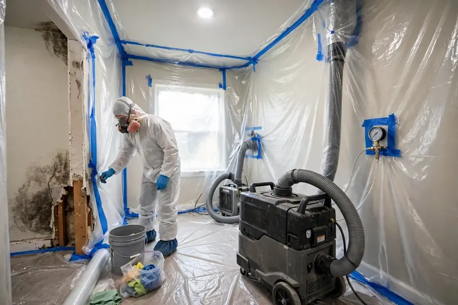 Mold remediation technician setting up containment in a Perris, CA home