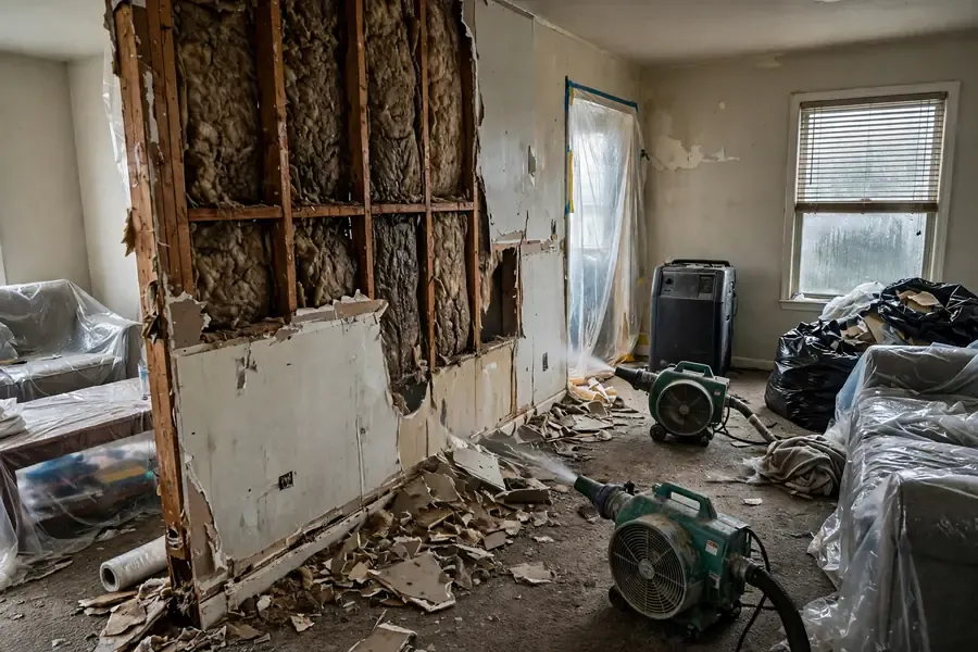 Water-damaged drywall being removed during restoration in a Perris, CA home